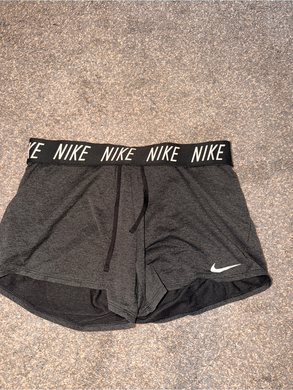 Nike Women's Dark Gray Athletic Shorts with Black Logo Waistband